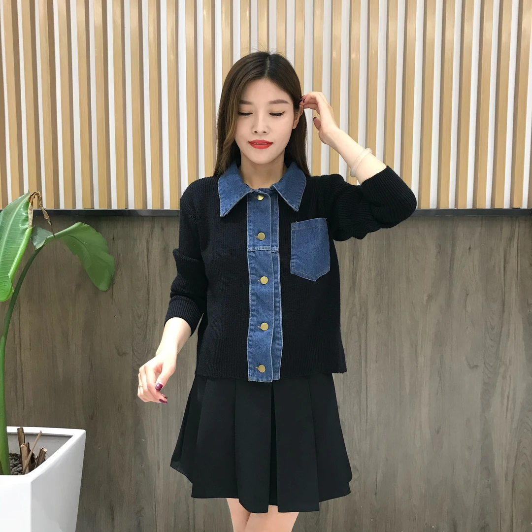 2024新款复古牛仔领拼接针织外套女宽松短款假两件设计感小众开衫