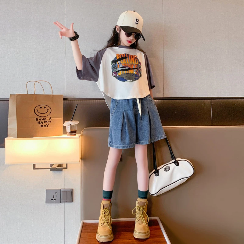 女童套装夏季2025中大童新款休闲洋气宽松薄款牛仔短裤短袖两件套