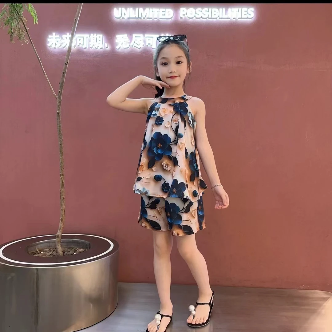 女童夏季无袖套装2024新款韩版洋气大儿童雪纺背心短裤薄款两件套