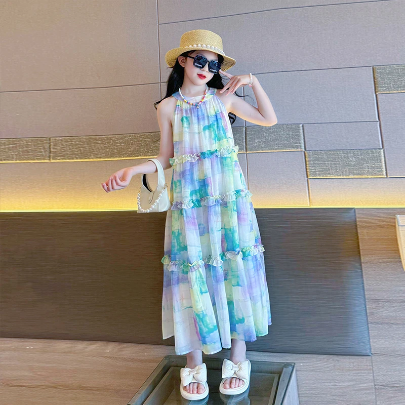 女童水墨印花连衣裙2024夏季新款挂脖裙子多巴胺女孩夏装海边长裙