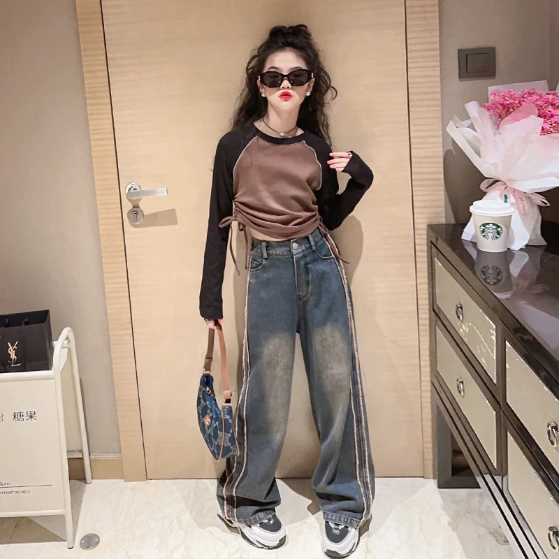 女童秋季牛仔阔腿裤套装2023新款洋气中大童时髦春秋打底衫两件套