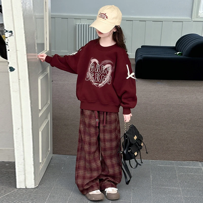 女童秋冬款加绒加厚卫衣2024新款洋气中大童小女孩儿童时髦格子裤