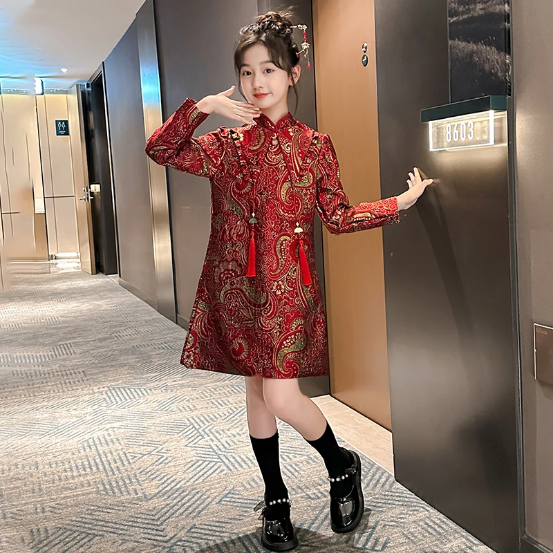 女童秋季2024新款中国风新中式改良红色旗袍中大童演出走秀礼服潮