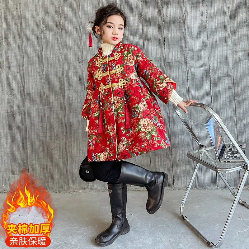 女童冬款2024新款加厚国风旗袍中大童拜年服儿童夹棉喜庆汉服旗袍