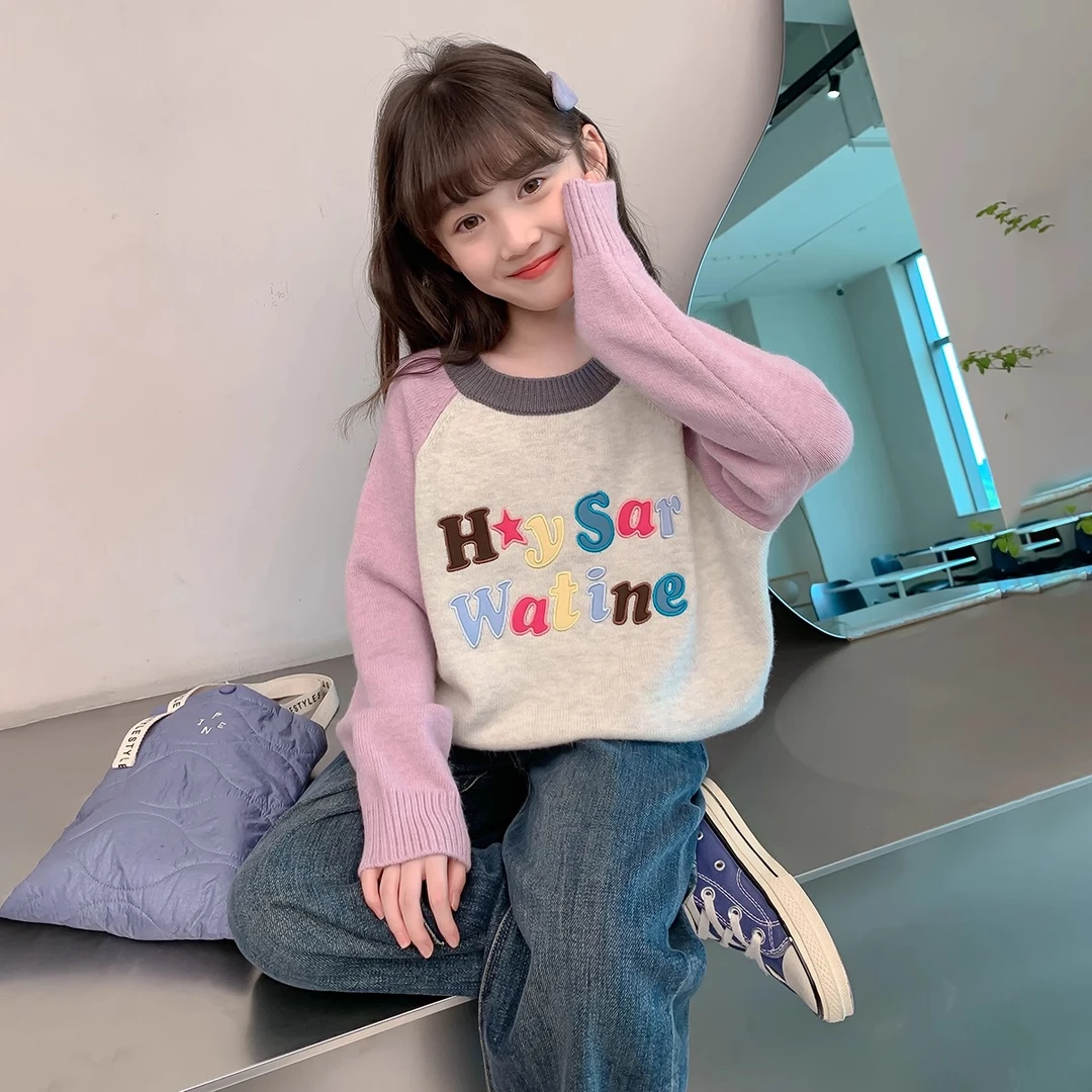 女童毛衣秋冬款2024新款洋气女孩圆领保暖中大童冬季加厚针织衫潮