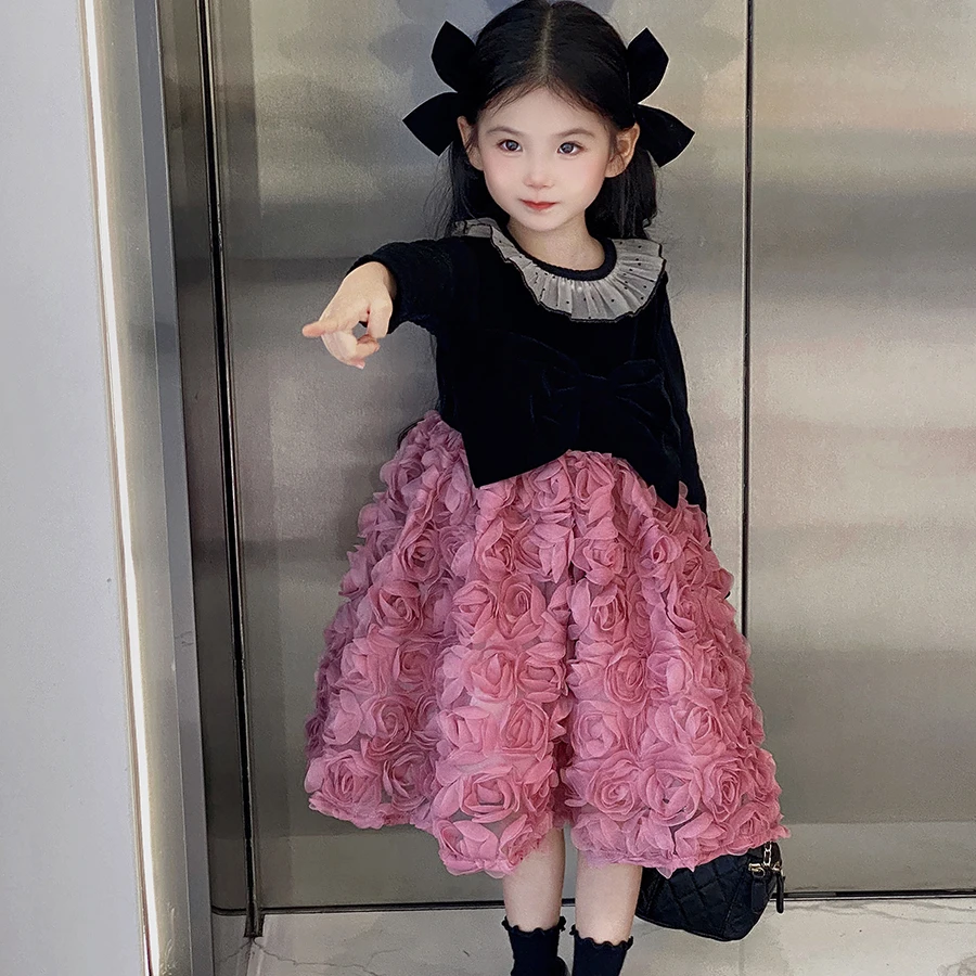 女童冬季裙子2024新款小女孩公主裙洋气中大童玫瑰裙子加绒连衣裙