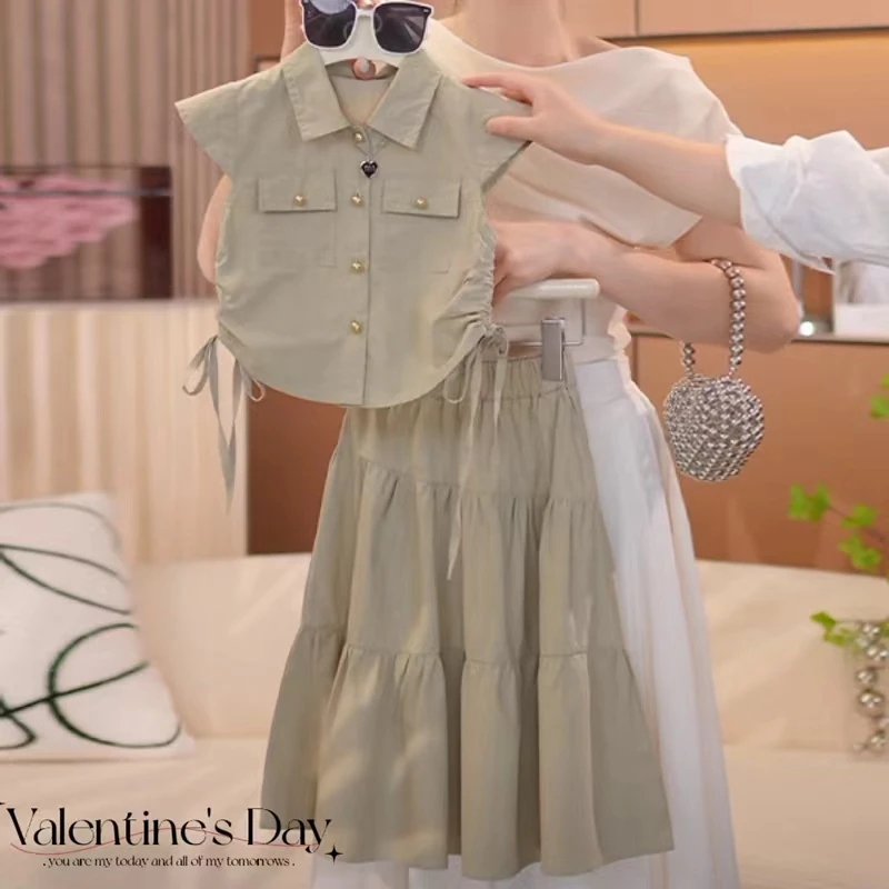 女童连衣裙2024新款夏季中大童洋气女孩抽绳收腰炸街减龄长裙套装