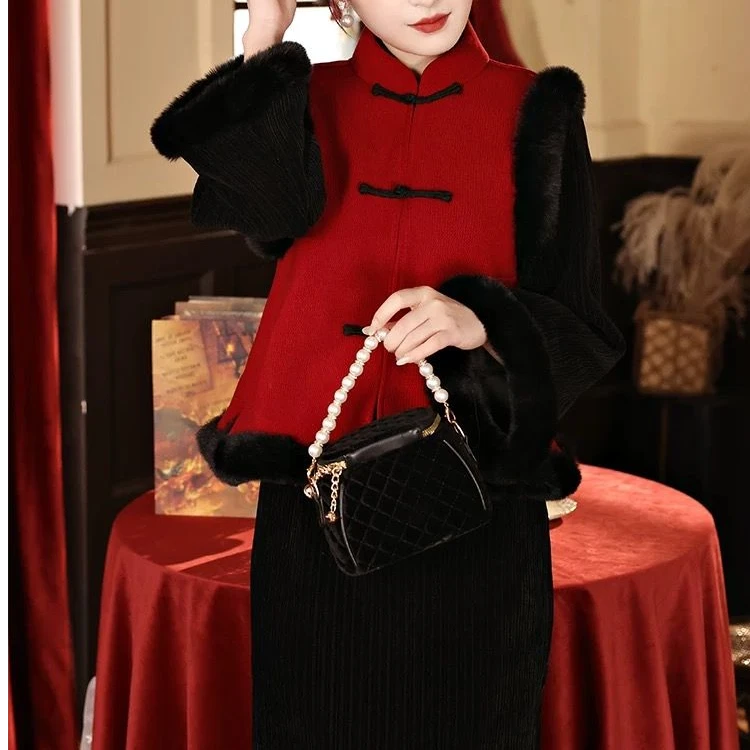 黑色旗袍套装秋冬季加绒厚过年战袍女成人拜年汉服唐装国风马甲袄