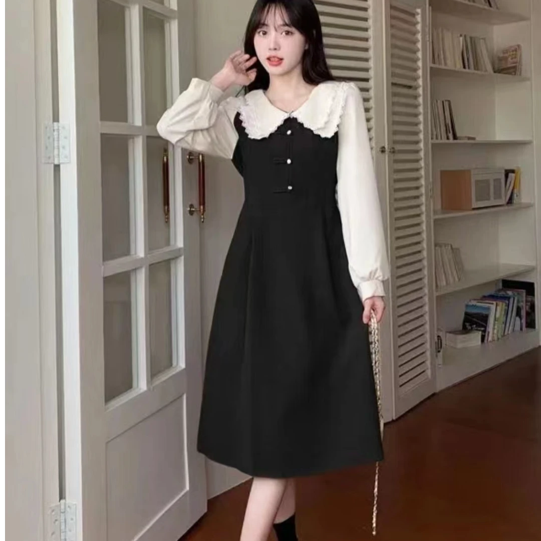 大码女装连衣裙秋季新款长袖复古娃娃领胖MM遮肉显瘦中长款裙子