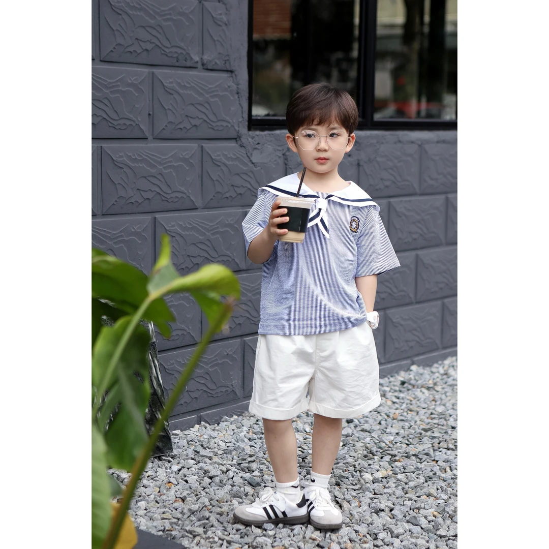 伟伟同款【航海日记】2024夏季新款儿童海军风衬衫短袖WW0276