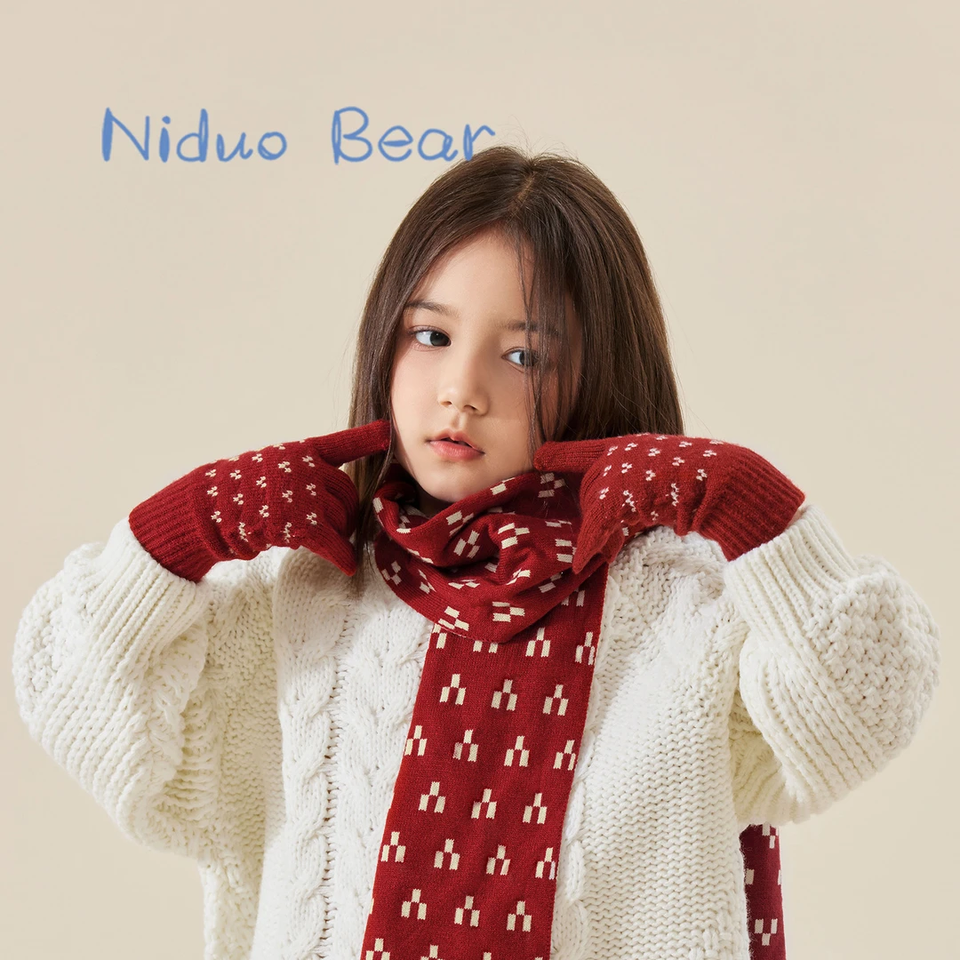 尼多熊2023儿童手套男女孩提花针织手套宝宝保暖分指手套冬款红色