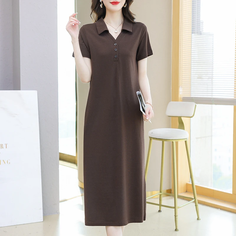 纯棉t恤裙女夏季长款过膝宽松休闲大码Polo领连衣裙显瘦洋气翻领