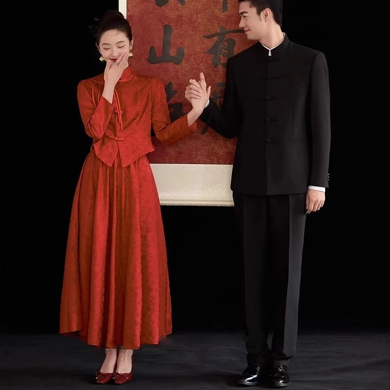 两件套敬酒服新娘2024新款酒红色旗袍高级感结婚订婚订婚礼服女