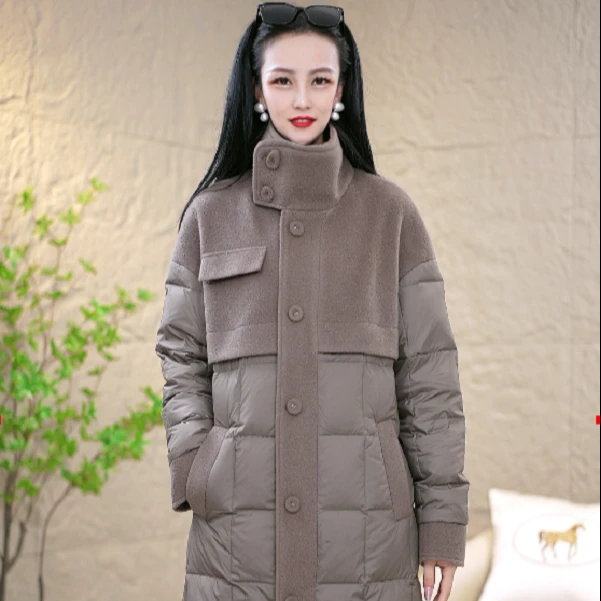 双面呢拼接白鸭绒长款过膝羽绒服M-4XL