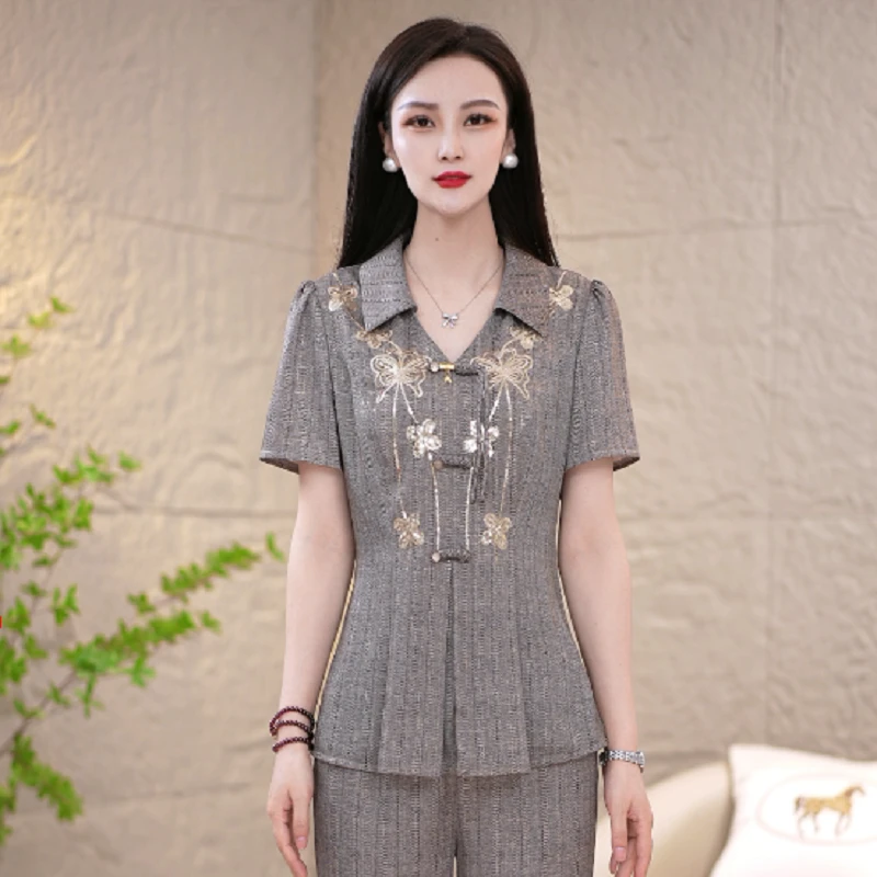 新款时尚翻领显瘦优雅气质套装两件套M-4XL