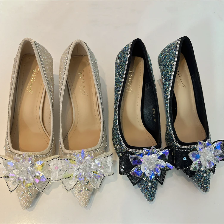 979－5水晶花尖头高跟鞋2025春季气质新款酒杯跟水钻亮片单鞋女