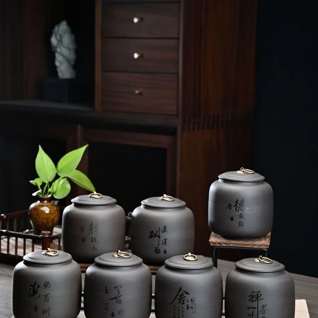 复古便携紫砂茶叶罐家用防潮罐中大号陶瓷密封罐复古土陶粗陶茶罐