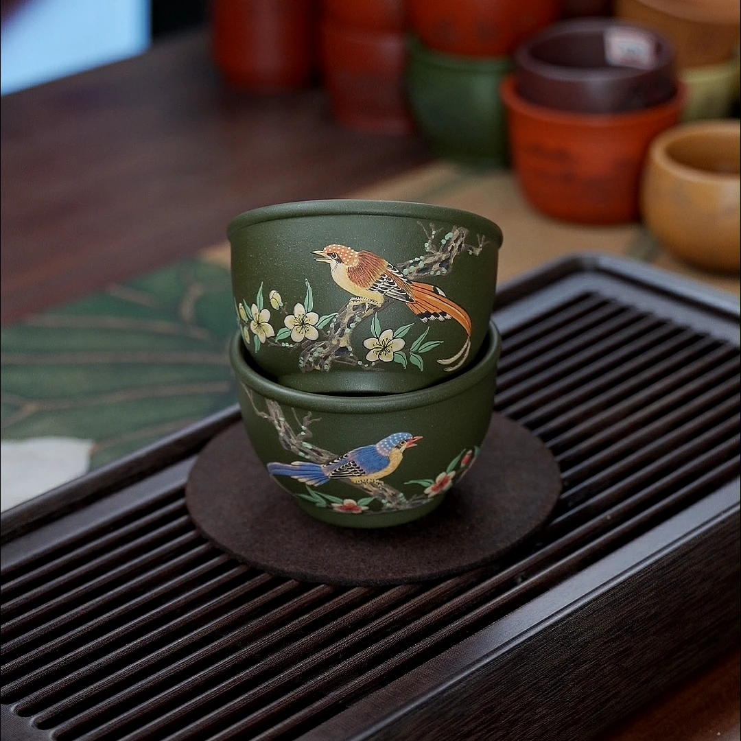 7132宜兴宜兴紫砂墨绿泥堆绘梅花杯小鸟对杯主人杯FSY180ML左右