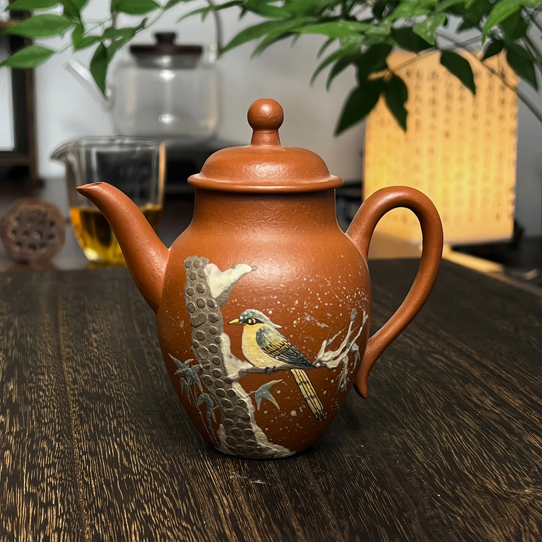 080宜兴原矿紫砂茶具鱼籽料纯手工堆绘雪景小鸟紫砂壶YST180ml