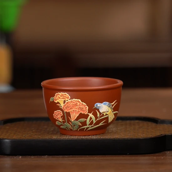 7191宜兴紫砂茶具品茗杯茶杯手绘大红袍堆绘花鸟主人杯FSY120cc