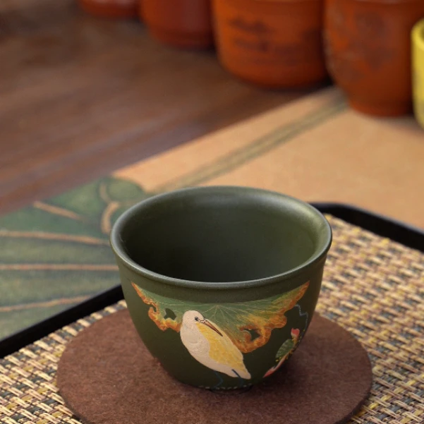 7152宜兴紫砂茶具端绿泥全手工堆绘白鹭纯手工主人杯150ML左右FSY