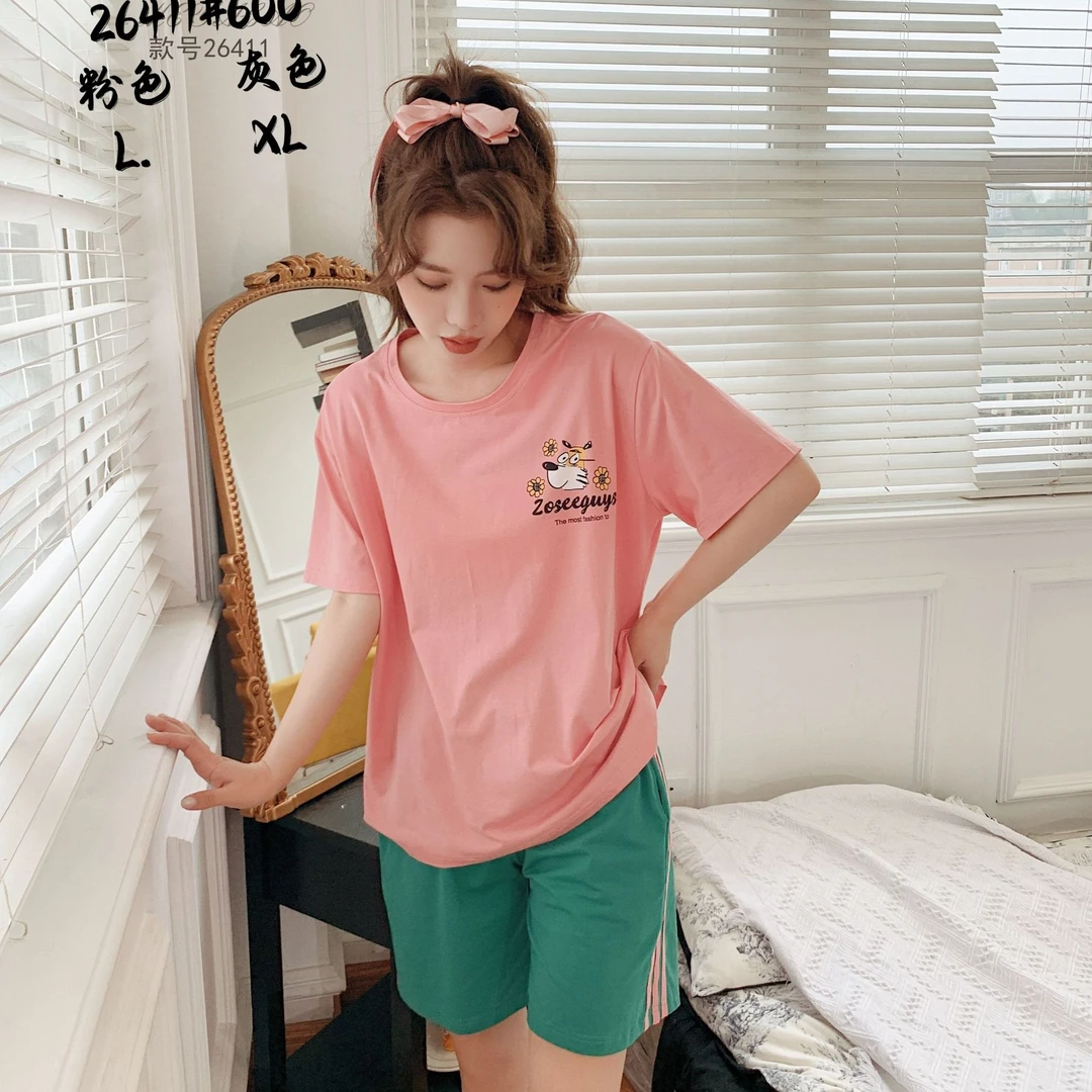 6411潮牌休闲印花棉时尚短袖套装家居服夏季粉色薄款宽松灰色