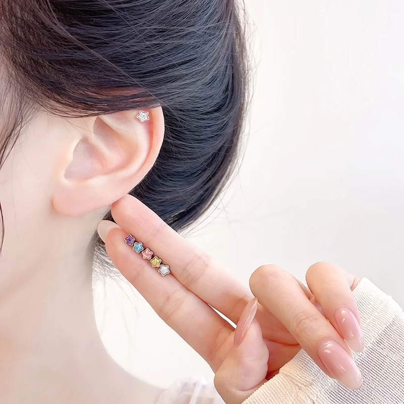 钛钢耳饰 医用钛钢新款耳骨钉彩色澳宝星星女养耳洞耳蜗钉平底女