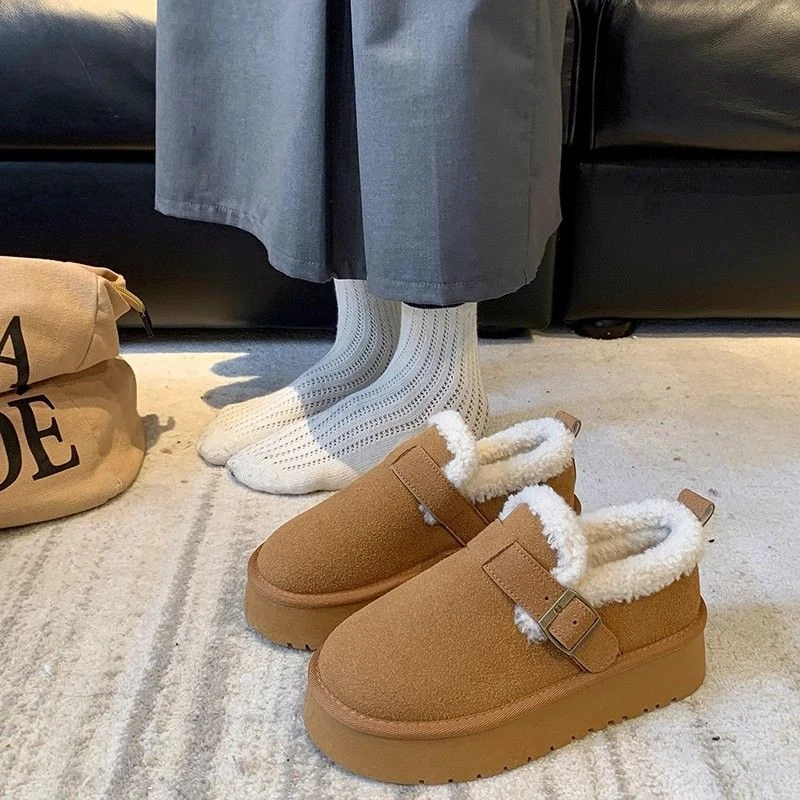 短筒加绒勃肯雪地靴女厚底一脚蹬棉鞋2023冬季新款豆豆面包毛毛鞋