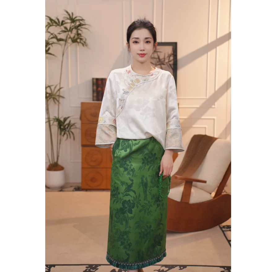 【梦湘】新中式轻奢绿色桑蚕丝冬日穿搭时尚女士半身裙