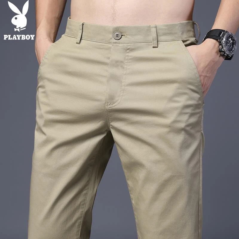 花花公子舒适休闲裤男士商务长裤秋季新款潮牌修身小脚卡其西裤男