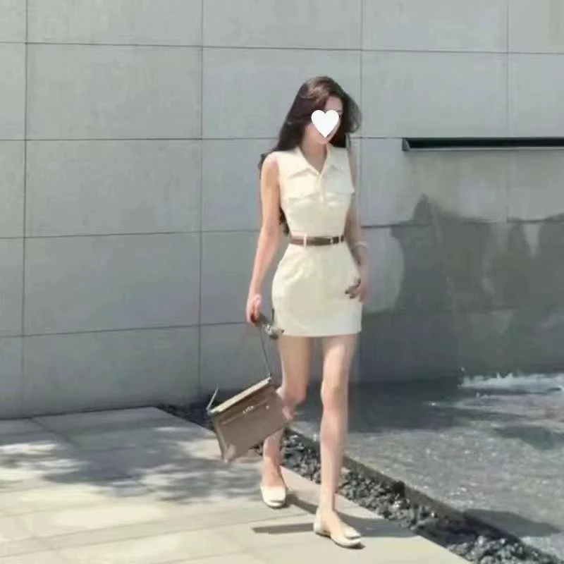 无袖皮带短款休闲连衣裙