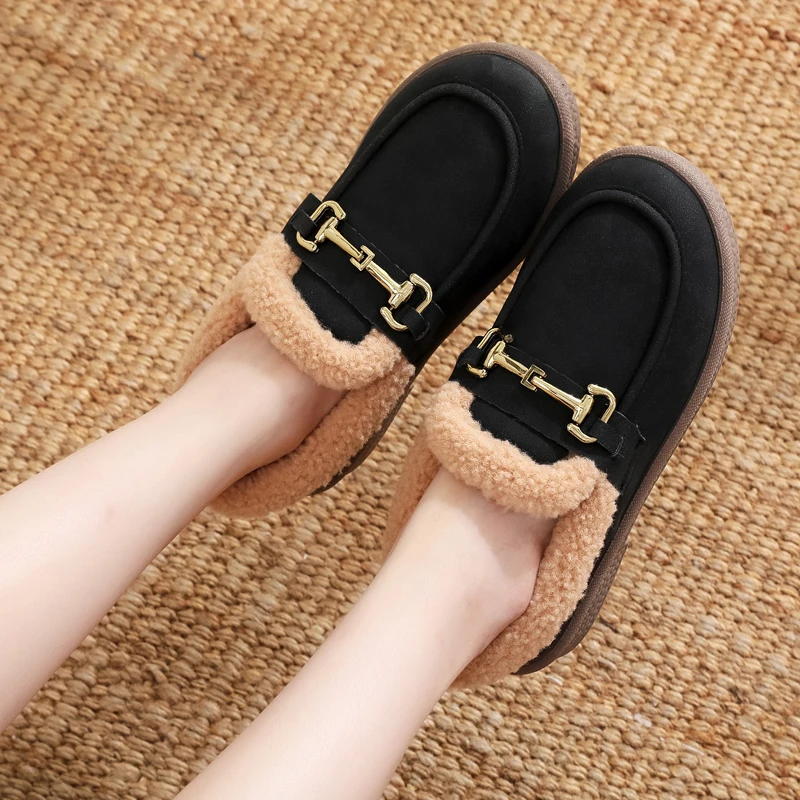 棉鞋女2024冬季一脚蹬懒人鞋加厚加绒保暖豆豆鞋时尚平底雪地靴女