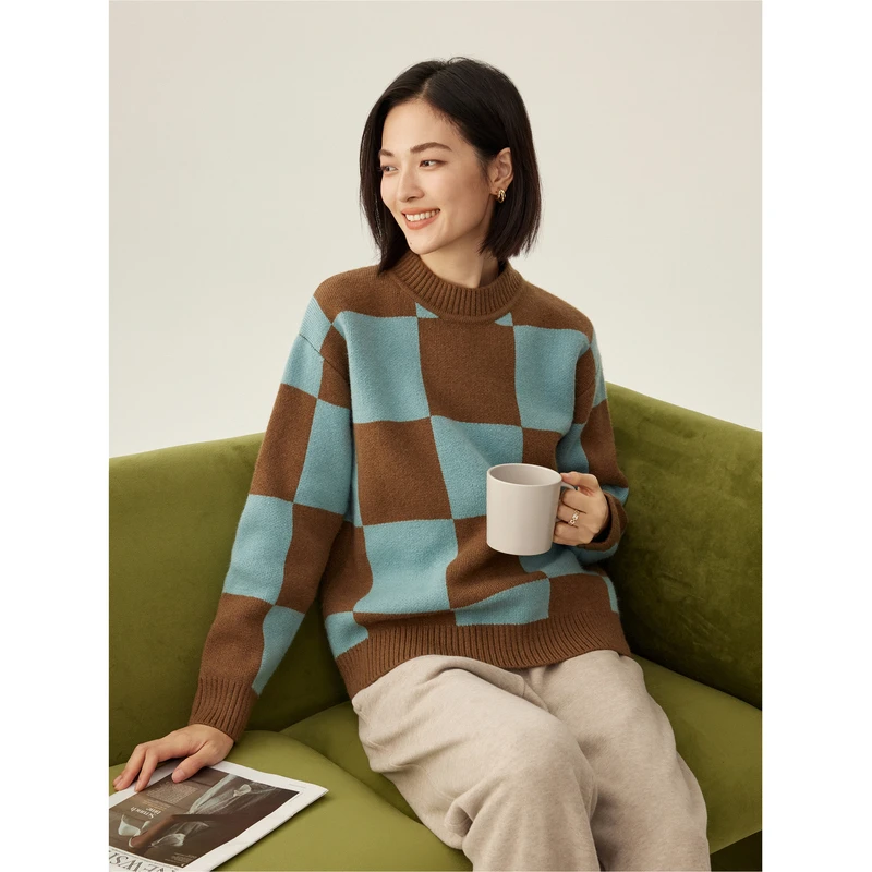 古木夕羊  复古棋盘格毛针织衫女秋季新款撞色慵懒软糯打底毛衣