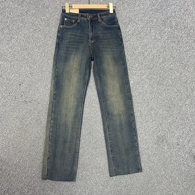 53297#冬季加厚绒股线设计款有弹毛边牛仔烟管裤