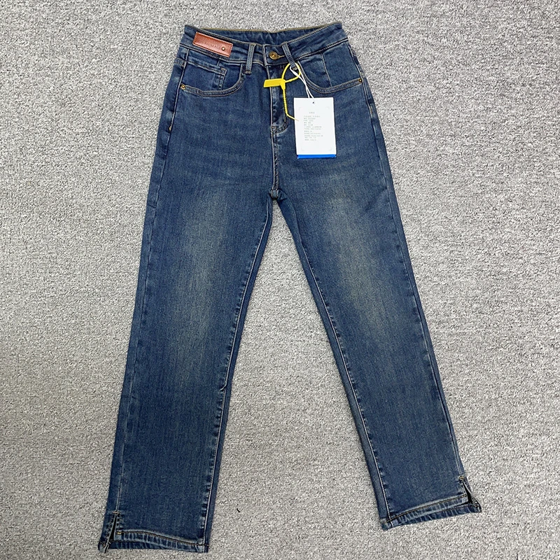 3038#蓝色裤脚开叉弹力百搭牛仔裤女薄绒烟管直筒裤