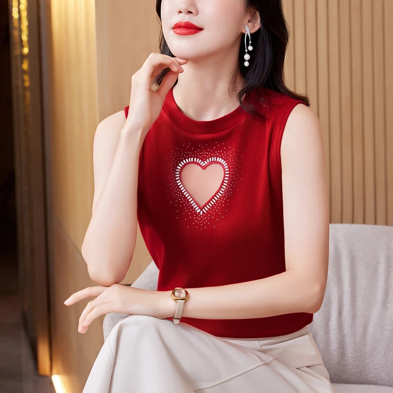 白色针织吊带背心女外穿春夏新款爱心镂空烫钻上衣大码无袖打底衫