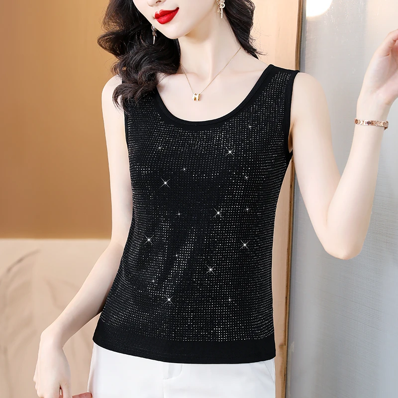 黑色烫钻背心小吊带女洋气外穿春秋内搭打底小衫夏季新款无袖上衣