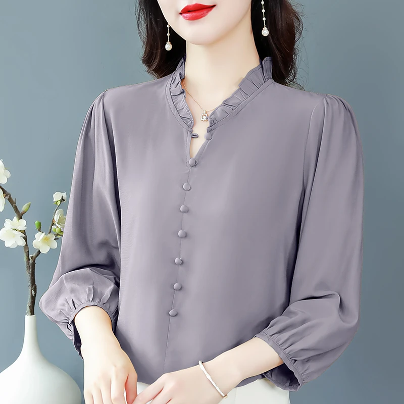 花边领段面衬衫女春装2023年洋气减龄小个子妈妈宽松遮肚上衣小衫