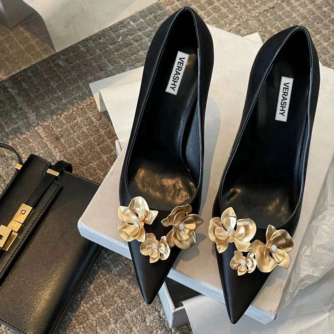 清仓一路生花~金色花卉水钻高跟鞋女2024新款性感黑色细跟单鞋