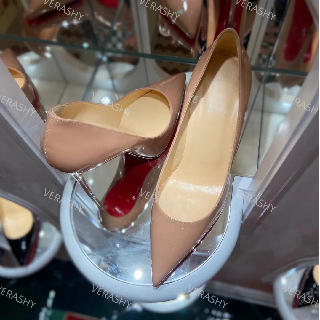 【红底全包】裸色漆皮高跟鞋女细跟尖头浅口红底性感高跟鞋