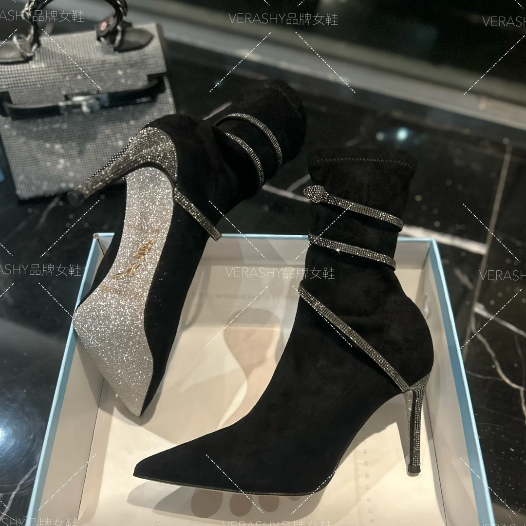 【水钻缠绕】2025新款瘦瘦靴水钻缠绕黑色气质尖头细高跟短靴袜靴