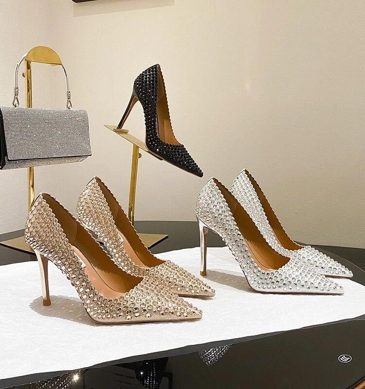 【断码清仓】2025秋季水晶鞋真皮水钻细跟镂空高跟婚鞋气质洋气