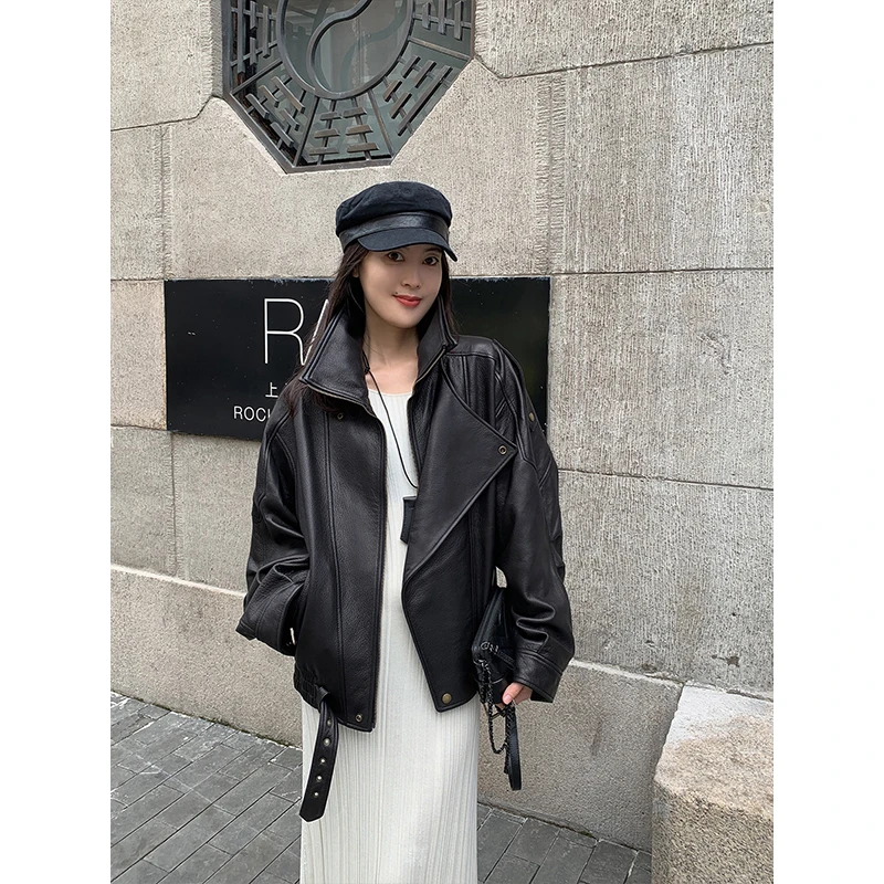 杨小妖city机车 韩系鹿纹风进口山羊真皮黑色皮衣女外套新款