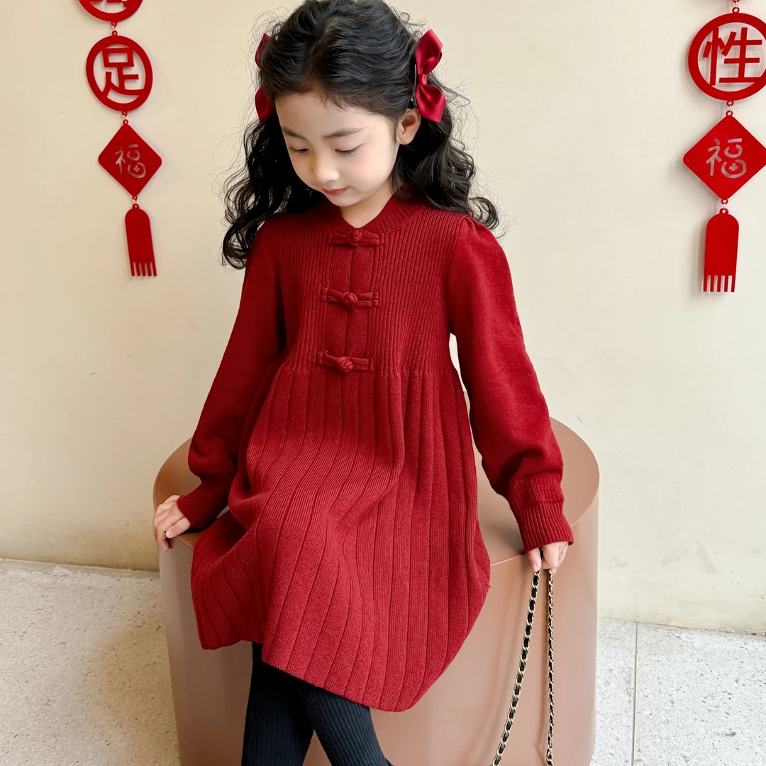 女童冬装针织衫毛衣连衣裙女宝宝红色年货公主裙拜年服毛线衣童装