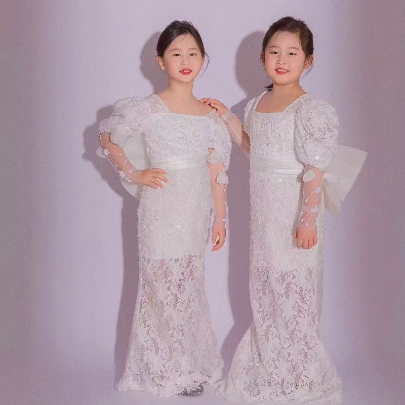 夏羽墨高端儿童礼服公主裙白色重工连衣裙气质生日主持人晚礼服