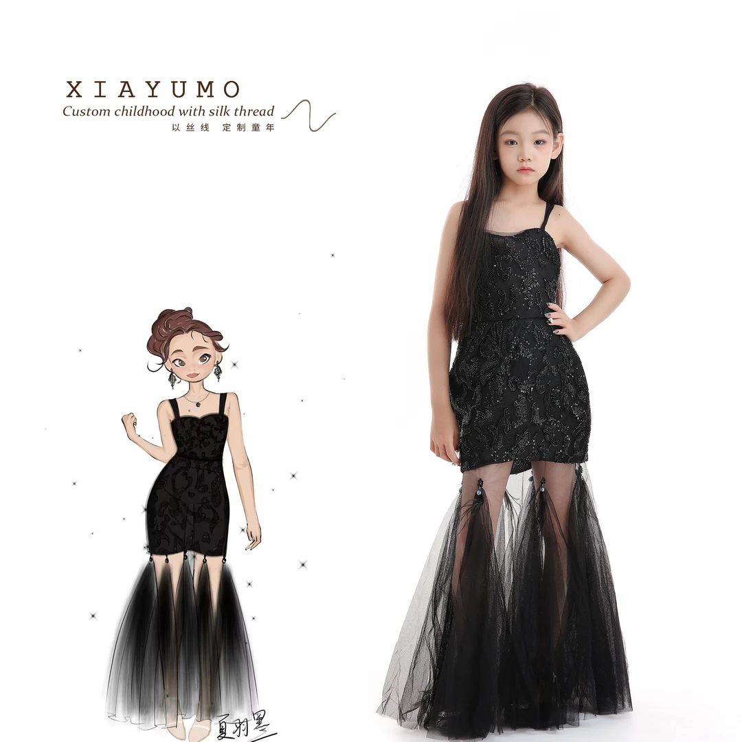 夏羽墨女童黑色蕾丝网纱鱼尾礼服钢琴演奏走秀比赛演出服气质轻奢