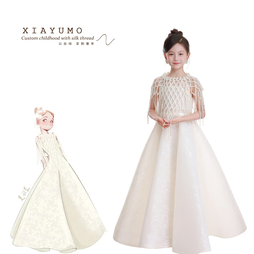 夏羽墨女童白色串珠披肩公主裙中长款气质轻奢走秀花童主持礼服