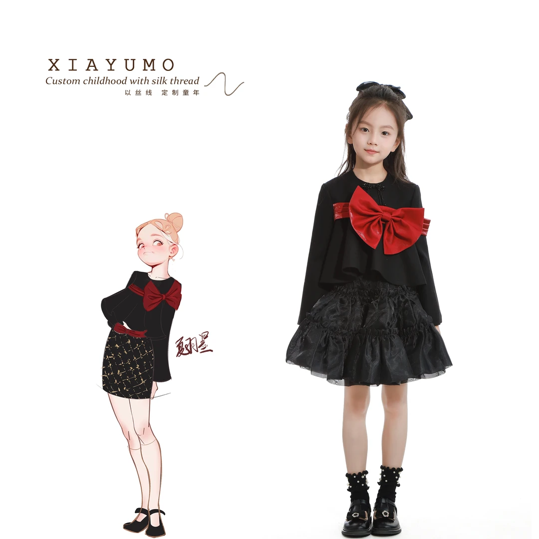 夏羽墨女童秋冬新款新中式黑色长袖外套甜美红色蝴蝶结圆领外搭