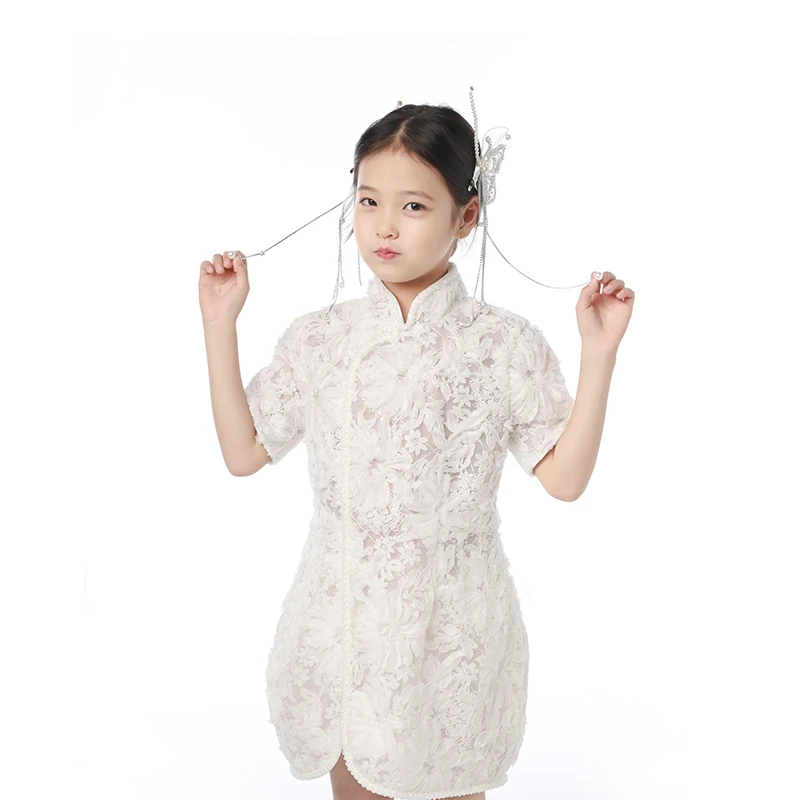 夏羽墨女童礼服儿童旗袍高端轻奢白色花童婚礼小女孩生日宴晚礼服