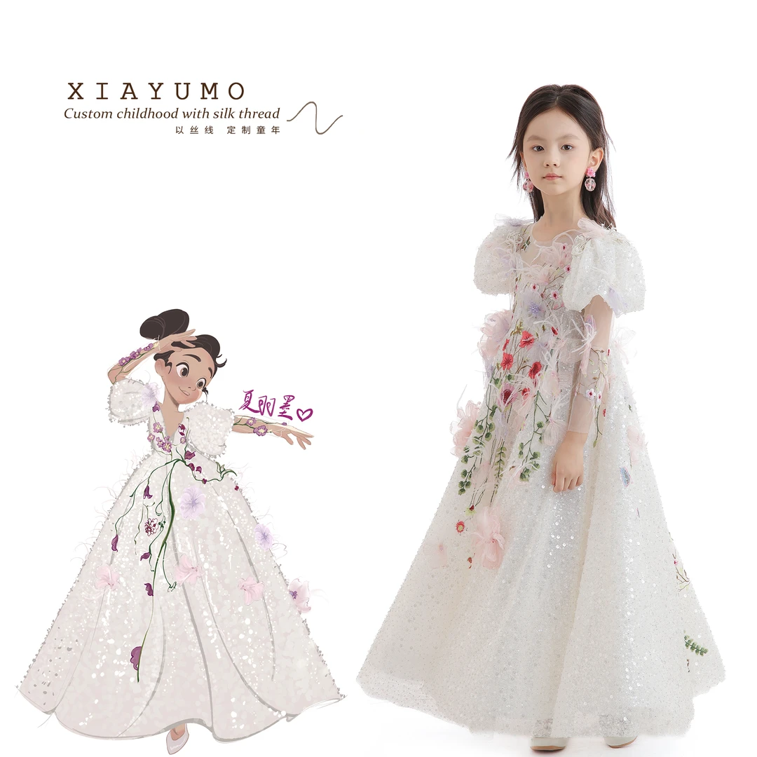 夏羽墨儿童礼服公主裙高端粉色晚礼走秀泡泡袖花朵亮片礼服